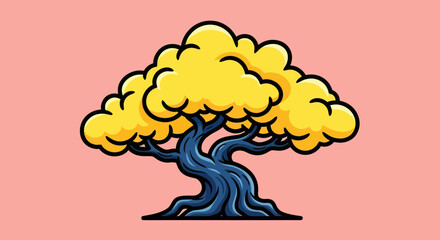 Vibrant Cartoon Bonsai Tree with Golden Foliage and Twisted Trunk.