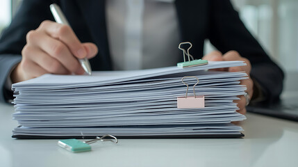Close-up of a person organizing documents on a desk, holding a silver pen and gripping the papers, with pastel-colored binder clips attached to sections. The scene is illuminated by soft natural light