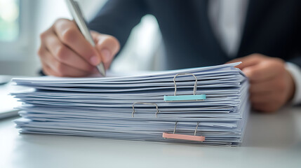 Close-up of a person organizing documents on a desk, holding a silver pen and gripping the papers, with pastel-colored binder clips attached to sections. The scene is illuminated by soft natural light