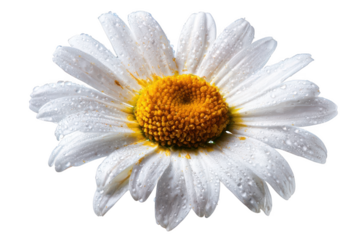 A pristine white daisy flower with a vibrant yellow center covered in tiny refreshing water droplets