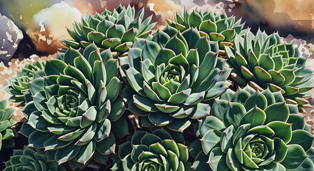 Obraz premium Echeveria Succulent Cluster in Sharp Focus with Watercolour Background