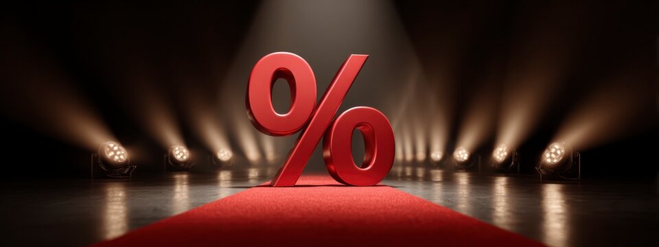 Glossy red percent symbol on a red carpet with dramatic lighting. Great for retail, offers, and luxury sale promotions. banner 