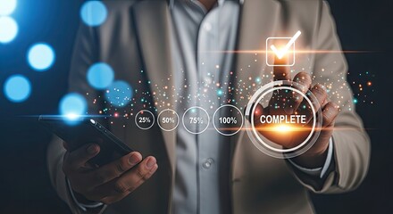 Business professional interacting with virtual complete screen