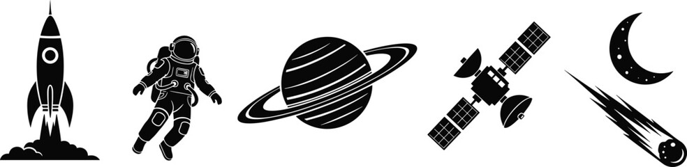 Silhouette vector set of space elements including rocket, astronaut, planet, satellite, moon, and comet for cosmic-themed design projects