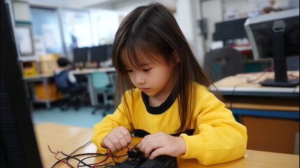 young girl engaging in stem activity at school 