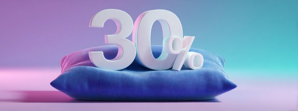 White glossy 30 percent number placed on a soft purple pillow with pastel gradient background. Concept of discount, promotion, and sale in modern minimal style. banner 