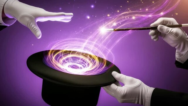 Magician's hands perform captivating trick with glowing wand and top hat creating dazzling magical energy 4k high quality footage