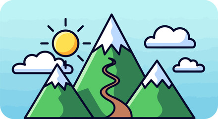 Vibrant Cartoon Mountain Landscape with Winding Path and Sunny Sky.