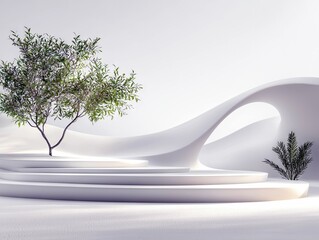 A serene, minimalist scene featuring a lone green tree on stepped platforms against a backdrop of smooth, white, curved architectural forms.