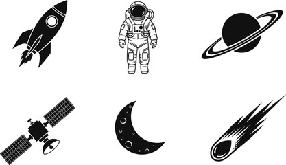 Silhouette vector set of space icons including rocket, astronaut, planet, satellite, moon, and comet for cosmic-themed design projects
