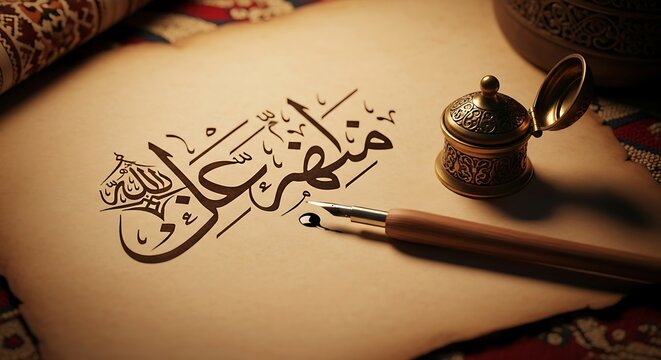 Elegant Arabic calligraphy script written with a traditional quill pen and inkwell on aged parchment paper, representing Islamic art