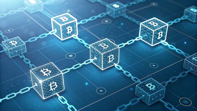 Blockchain network with bitcoin cubes on blue background