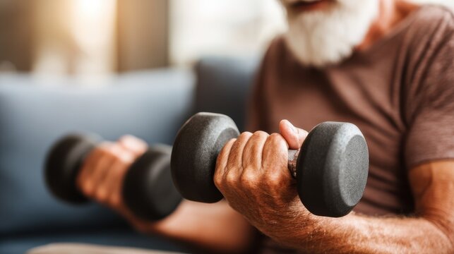 Portrait of senior man exercising with dumbbells at home