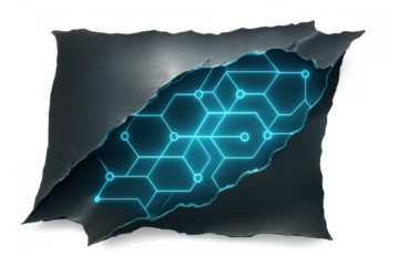 Ripping metal revealing glowing hexagon technology network with data connection points, digital circuit on transparent background