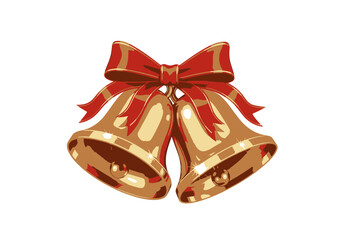 Two Golden Christmas Bells with Red Bow Decoration.
