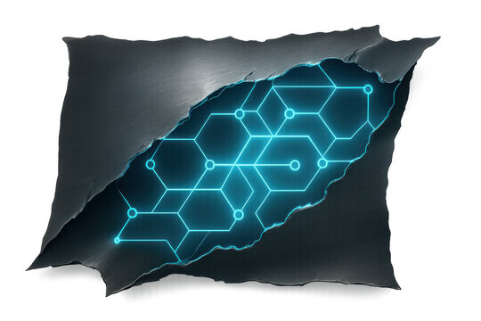 Ripping metal revealing glowing hexagon technology network with data connection points, digital circuit on transparent background