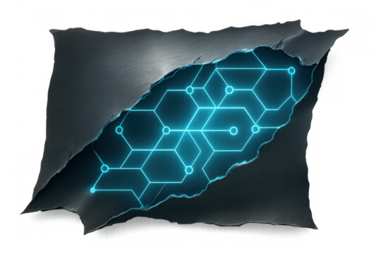 Ripping metal revealing glowing hexagon technology network with data connection points, digital circuit on transparent background