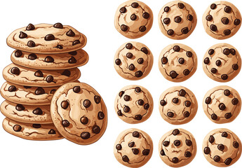 Chocolate chip cookies illustration, tasty dessert snack, sweet bakery food graphic, cartoon cookie set, delicious biscuit drawing, baked treat collection