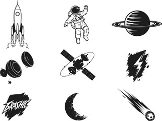 Silhouette vector set of space icons including rocket, astronaut, planet, satellite, moon, comet, crater, lightning, and typography
