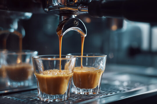 Fresh espresso pouring into clear glasses, perfect for a cafe menu, coffee blog, or barista training guide, a moment of pure coffee bliss