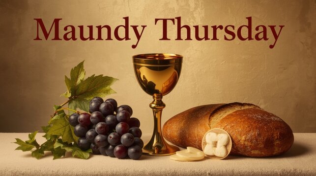 Maundy thursday communion elements of wine bread and grapes