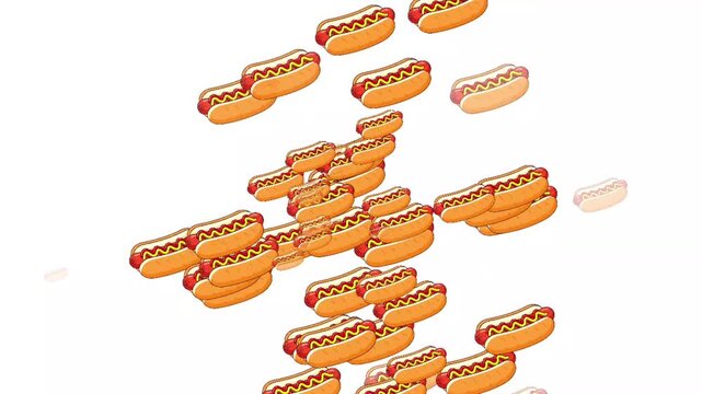 Cartoon Hot Dogs Falling on White Background - Looping Fast Food Graphics Animation for Food Promotions