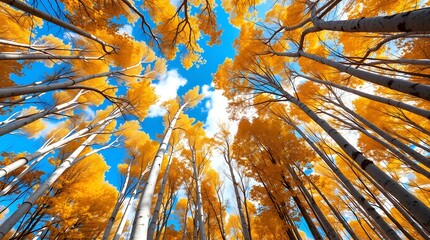 Low angle view of autumn trees with yellow leaves against a blue sky with white clouds above them