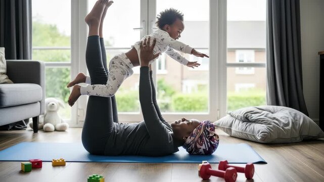 Joyful mother lifts baby during home workout, creating priceless family bonding moments 4k high quality footage