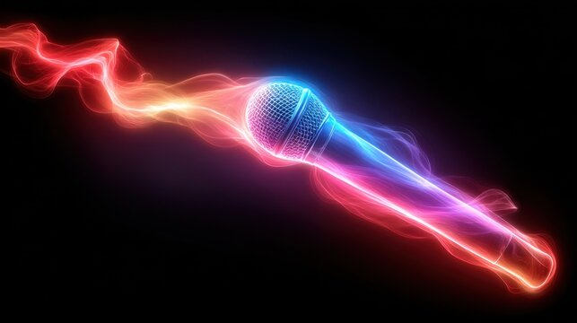 Professional microphone with yellow voice waveform on dark background, sound studio recording