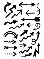 Collection of various hand-drawn, black, scribble arrows and pointing icons.