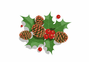 Vibrant Illustrated Christmas Holly Berries and Pinecones Cluster.