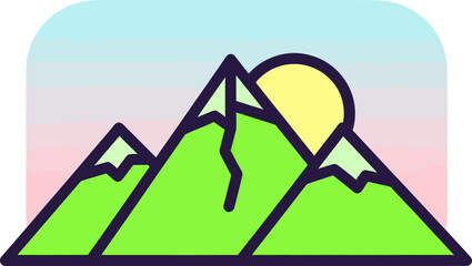 Vibrant Mountain Landscape with Sun Icon Illustration.