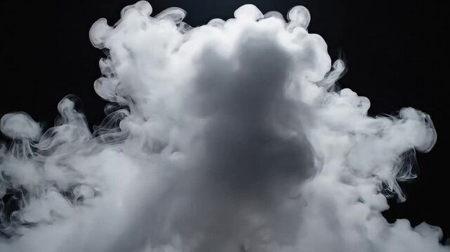 Dramatic white smoke billows and swirls against a dark, moody background.