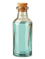 Clear Glass Bottle with Light Blue Liquid and Cork Stopper Isolated on White Background