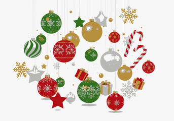 Vibrant Christmas Ornaments Baubles Stars Candy Canes and Gifts Hanging in a Festive Display.