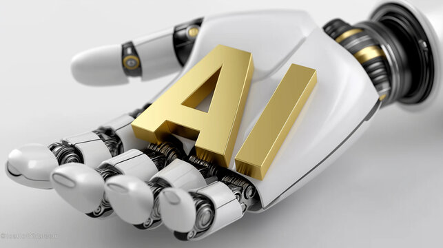Photorealistic studio close-up of a white metallic robotic hand with exposed mechanisms delicately holding golden AI letters against a pure white background, highlighting precision engineering and fut