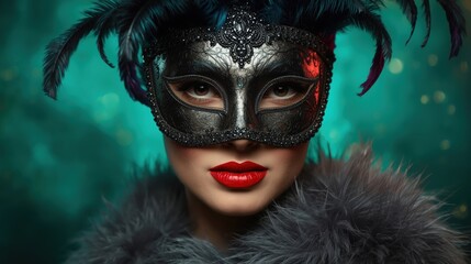 Mysterious woman wearing ornate masquerade mask with red lips