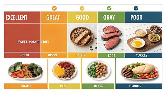A nutritional chart categorizing foods like steak, beans, and turkey based on their health benefits, ranging from excellent to poor, for dietary guidance