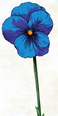 Close Up Of A Blue Pansy Flower With A Yellow Center And Green Stem On A White Background