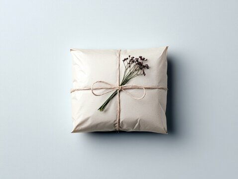 A square gift wrapped in simple brown paper, tied with twine and decorated with dried flowers and a green sprig, presented on a plain background.