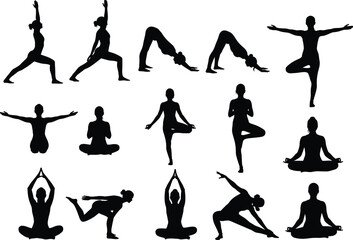 Silhouette yoga poses vector illustration of women performing meditation and stretching exercises for health, fitness, calm balance, wellness, and relaxation