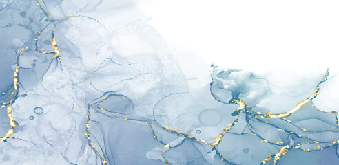 Pastel cyan mint liquid marble watercolor background with gold lines and brush stains. Teal turquoise marbled alcohol ink drawing effect. Vector illustration backdrop, watercolour wedding invitation. © Bukev