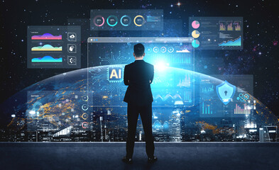 An Artificial Intelligence platform for business intelligence. The dashboard shows advanced data analytics, predictive modeling, and security monitoring through various visualizations. Fermion