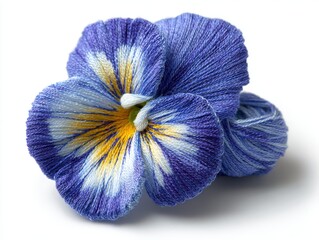 Close Up Of A Blue Pansy Flower With Yellow Center On White Background Studio Lighting