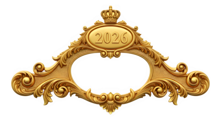 Ornate golden frame with crown and empty center isolated on transparent background