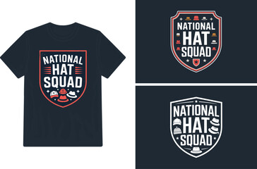 Navy t shirt design featuring a national hat squad emblem and hat illustrations