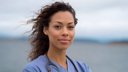 Portrait of a confident female healthcare professional with a stethoscope outdoors on a windy day by the water