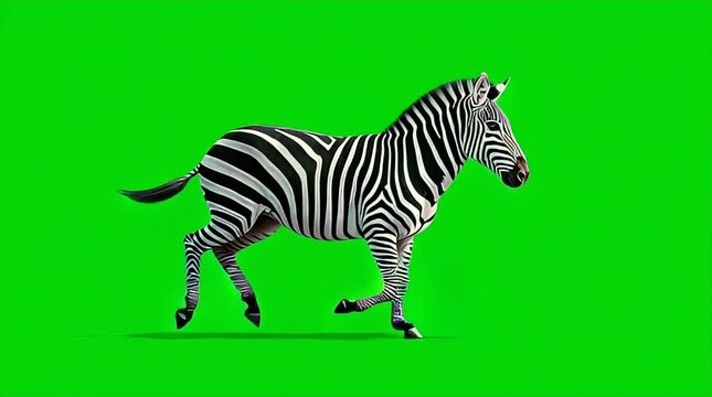 Dynamic African zebra in full stride, showcasing its iconic black and white stripes, expertly isolated on a vibrant green screen background for seamless compositing in design