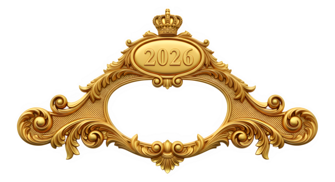Ornate golden frame with crown and empty center isolated on transparent background