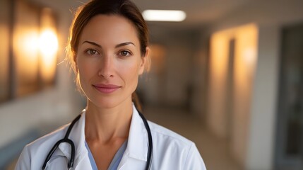 A confident female doctor in a white lab coat with a stethoscope stands in a hospital hallway during golden hour